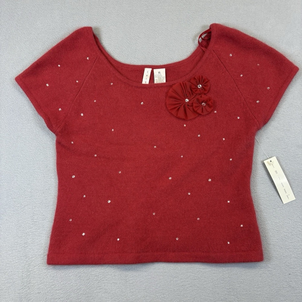 Twiggy Sweater Womens XL Red Angora Lambs Wool Blend Rhinestone Floral NWT